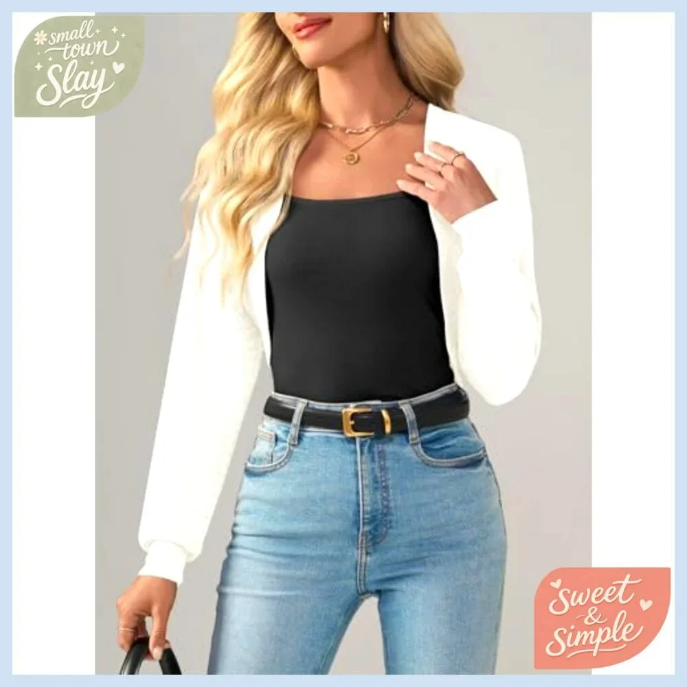 Summer Cropped Cardigan Open Front Long Sleeve Knit Shrug Lightweight - Picture 3 of 7